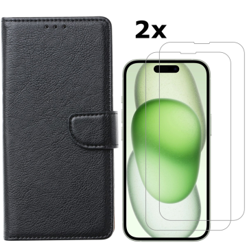 Hoesje Geschikt voor iPhone 15 hoesje bookcase met 2x screenprotector – Zwart