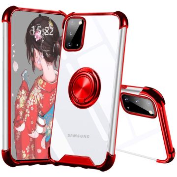 Samsung Galaxy S20 hoesje silicone met ringhouder Back Cover Case - Transparant/Rood