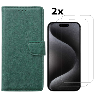 Hoesje Geschikt voor iPhone 15 Pro Max hoesje bookcase met 2x screenprotector – Groen