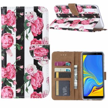 Ntech Vintage Roses & Stripes Design Portemonnee Hoesje Met Pasjesruimte & Magneet flapje - Samsung Galaxy A30