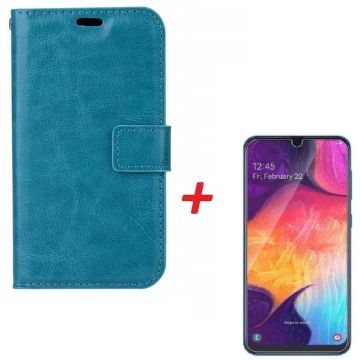 Ntech Samsung Galaxy A70/A70s Portemonnee hoesje - Blauw Met Tempered Glas