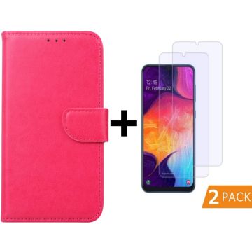 Ntech Samsung Galaxy A50 Portemonnee hoesje - Pink + 2xTempered Glas