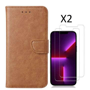 Hoesje Geschikt voor iPhone 14 Pro – bookcase met 2 stuks screenprotector tempered glass – Bruin