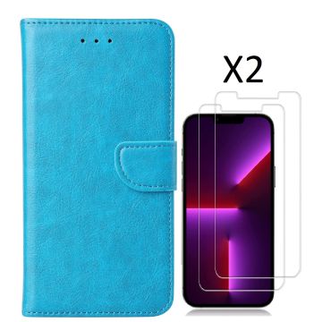 Hoesje Geschikt voor iPhone 14 Plus bookcase met 2 stuks screenprotector tempered glass – Blauw