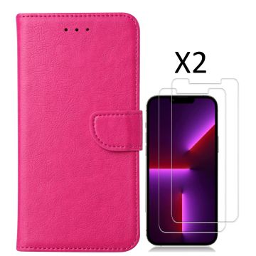 Hoesje Geschikt voor iPhone 14 Plus bookcase met 2 stuks screenprotector tempered glass – Roze