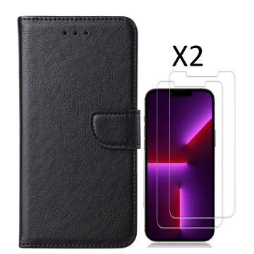 Hoesje Geschikt voor iPhone 14 bookcase met 2 stuks screenprotector tempered glass – Zwart