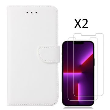Hoesje Geschikt voor iPhone 14 bookcase met 2 stuks screenprotector tempered glass – Wit
