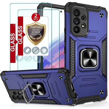 Samsung A53 Hoesje Heavy Duty Armor Hoesje Blauw - Galaxy A53 5G Case Kickstand Ring cover met Magnetisch Auto Mount- Samsung A53 screenprotector 2 pack
