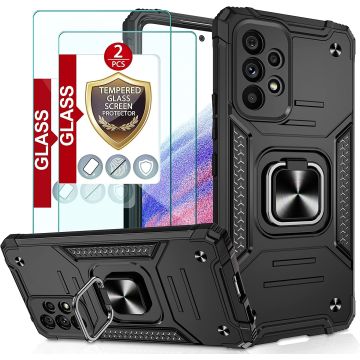 Samsung A53 Hoesje Heavy Duty Armor Hoesje Zwart - Galaxy A53 5G Case Kickstand Ring cover met Magnetisch Auto Mount- Samsung A53 screenprotector 2 pack