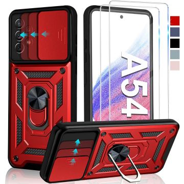 Hoesje Geschikt Voor Samsung Galaxy A54 hoesje Rood met Ring Houder en camera bescherming - Galaxy A54 Screenprotector - 2 stuks