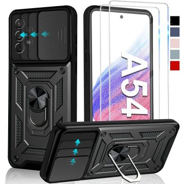 Hoesje Geschikt Voor Samsung Galaxy A54 hoesje Zwart met Ring Houder en camera bescherming - Galaxy A54 Screenprotector - 2 stuks