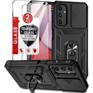 Hoesje Geschikt Voor Samsung Galaxy A14 hoesje Zwart met Ring Houder en camera bescherming - Galaxy A14 Screenprotector - 2 stuks