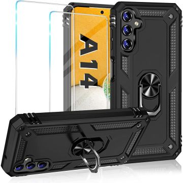 Hoesje Geschikt Voor Samsung Galaxy A14 Hoesje Anti-Shock Hybrid Armor hoesje Zwart  met screenprotector - 2 pack