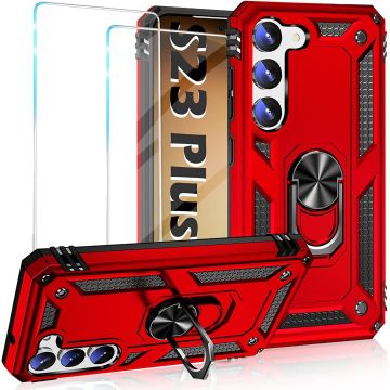 Hoesje Geschikt Voor Samsung Galaxy S23 Plus Hoesje Anti-Shock Hybrid Armor hoesje Rood met screenprotector - 2 pack