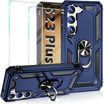 Hoesje Geschikt Voor Samsung Galaxy S23 Plus Hoesje Anti-Shock Hybrid Armor hoesje Blauw – Met screenprotector - 2 pack
