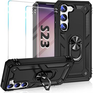 Hoesje Geschikt Voor Samsung Galaxy S23 Hoesje Anti-Shock Hybrid Armor hoesje Zwart Met Screenprotector - 2 pack