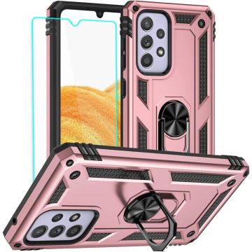 Hoesje Geschikt Voor Samsung Galaxy A33 Hoesje Anti-Shock Hybrid Armor hoesje Rose Goud - Hoesje Geschikt Voor Samsung Galaxy A33 5G kickstand Ring houder TPU backcover hoesje - met screenprotector Galaxy A33 5G - 2 pack