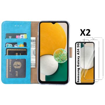 Samsung A34 5G hoesje bookcase Blauw - Samsung Galaxy A34 bookcase portemonnee hoesje - Samsung A34 screenprotector / 2X Beschermglas