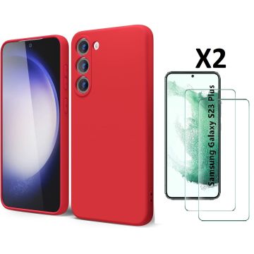 Hoesje Geschikt Voor Samsung Galaxy S23 Plus Hoesje siliconen Rood zacht siliconen hoesje TPU backcover - Met Screenprotector - 2 stuks