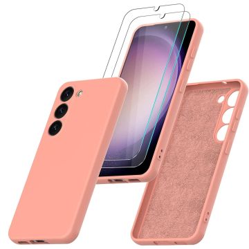 Hoesje Geschikt Voor Samsung Galaxy S23 Hoesje siliconen Licht Roze zacht siliconen hoesje TPU backcover - Met Screenprotector - 2 stuks
