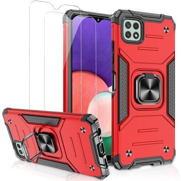 Samsung A22 Hoesje Heavy Duty Armor Hoesje Rood - Galaxy A22 4G Case Kickstand Ring cover met Magnetisch Auto Mount- Samsung A22 4G screenprotector 2 pack