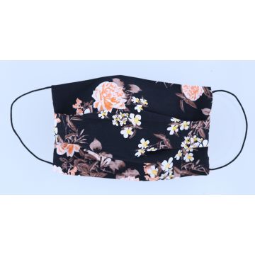 Mondkapje wasbaar van katoen - 2 laags met elastiek - Zwart - Bloemen