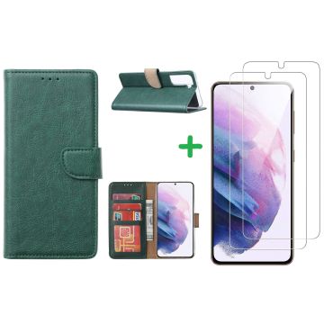 Samsung S21 hoesje bookcase Groen - Samsung Galaxy s21 hoesje bookcase wallet case portemonnee book case hoes cover hoesjes met 2 stuks Screenprotector