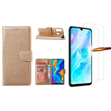 Huawei P30 Lite New Edition Hoesje / P30 Lite portemonnee hoesje Goud / book case met 2 pack screenprotector