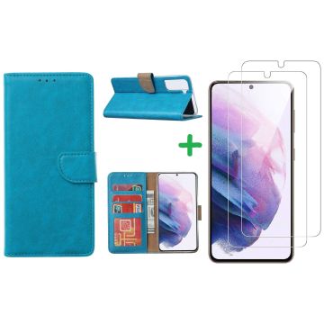 Samsung S21 hoesje bookcase Blauw - Samsung Galaxy s21 hoesje bookcase wallet case portemonnee book case hoes cover hoesjes met 2 stuks Screenprotector