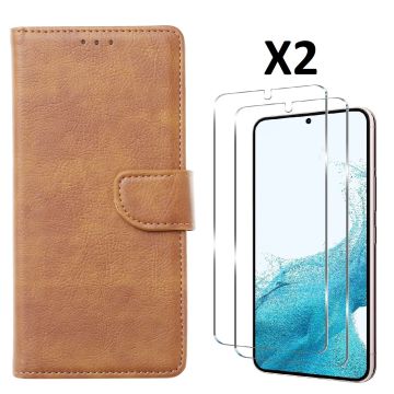 Hoesje Geschikt Voor Samsung Galaxy S23 Hoesje met Pasjeshouder - bookcase – Met 2x Screenprotector / gehard glas – Bruin
