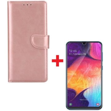 Ntech Samsung Galaxy A40 Portemonnee hoesje rose goud met Glazen screenprotector