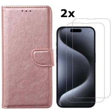 Hoesje Geschikt voor iPhone 15 Pro hoesje bookcase met 2x screenprotector – Rosegoud