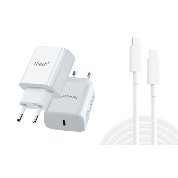USB C Adpater 20W snellader met (1meter) USB C naar USB C kabel Geschikt voor Samsung Galaxy A14 / A15 / A24 / A25 / A32 / A33 / A34 / A35 / A52/ A53 / A54 / A55 / S20 / S20 Plus / S20 Ultra / S21 / S22 / S23 / S23 Plus / S23 FE / S24 / S24 Plus / S24 Ult