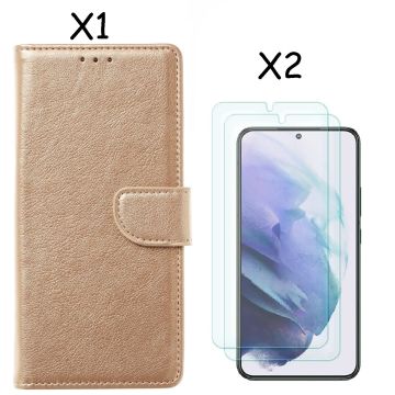 Samsung S22 Plus hoesje Goud Samsung Galaxy S22 Plus 5G hoesje bookcase portemonnee cover - Samsung hoesje S22 Plus - Samsung S22 Plus screenprotector / 2X Beschermglas