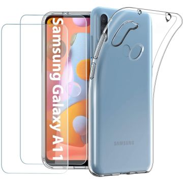 Galaxy A11 / M11 hoesje - Galaxy A11 / M11 casesiliconen transparant - hoesje A11 / M11 - Samsung Galaxy A11 / M11 hoesjes cover hoes - 2x Galaxy A11 / M11 Screenprotector Tempered Glass
