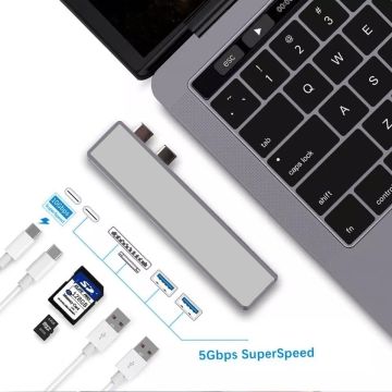 Ntech USB Type-C Thunderbolt 3 Multi funtioneel HUB | 2x Type-C poort | 2x USB 3.0 poort | 1x microSD poort & 1x SD poort - Zilver