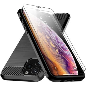 Hoesje Geschikt voor iPhone 12 Mini hoesje Geborsteld Tpu Zwart + 2x glazen screenprotector