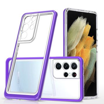 Samsung S21 Ultra hoesje transparant cover met bumper Paars - Ultra Hybrid hoesje Samsung Galaxy S21 Ultra case
