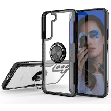 Samsung S22 hoesje Luxe carbon TPU Backcover - Samsung Galaxy S22 hoesje met Ring houder / Ring vinger houder / standaard - Zwart
