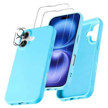 Hoesje Geschikt voor iPhone 16 – Zacht siliconen liquid backcover met 2x screenprotectors gehard glas en 1x lens protector – Licht Blauw