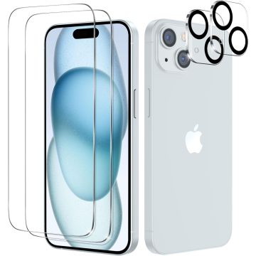 Geschikt voor iPhone 15 Screen Protector en  Camera lens protector/ Tempered glass Screen protector voor Geschikt voor iPhone 15 - Beschermglas - Glasplaatje - 2+2 stuks