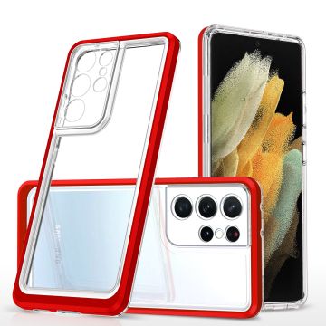 Samsung S21 Ultra hoesje transparant cover met bumper Rood - Ultra Hybrid hoesje Samsung Galaxy S21 Ultra case