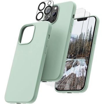 Hoesje Geschikt voor iPhone 14 Pro Max – Liquid siliconen backcover met 2x glazen screenprotector en camera lens protector – Mint Groen