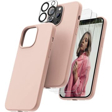 Hoesje Geschikt voor iPhone 14 Plus – Liquid siliconen backcover met 2x glazen screenprotector en camera lens protector – Pink Sand
