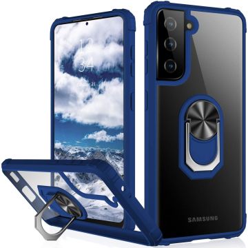 Samsung S21 Plus hoesje - Premium Shock Proof hoesje transparant Blauw randen backcover case met kickstand - Samsung Galaxy S21 Plus hoesje met Ring houder / Ring vinger houder / standaard