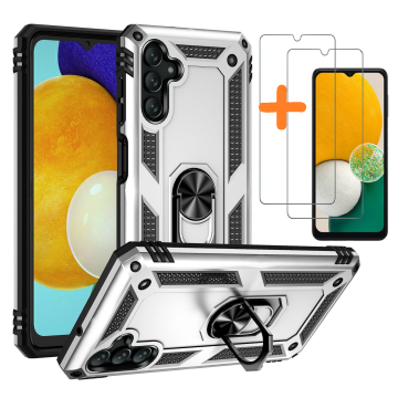 Samsung Galaxy A13 5G / A04s Hoesje met Ring Houder – TPU backcover – Met 2x screenprotector gehard glas – Zilver