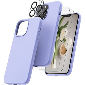 Hoesje Geschikt voor iPhone 14 Plus – Liquid siliconen backcover met 2x glazen screenprotector en camera lens protector – Lila