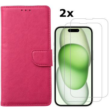 Hoesje Geschikt voor iPhone 15 hoesje bookcase met 2x screenprotector – Roze