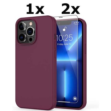 Hoesje Geschikt voor iPhone 13 Pro Soft Nano siliconen Gel Bordeaux Rood Hoesje Met 2X Glazen screenprotector