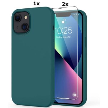 Hoesje Geschikt voor iPhone 12 Mini Soft Nano siliconen Gel Donkergroen Hoesje Met 2X Glazen screenprotector